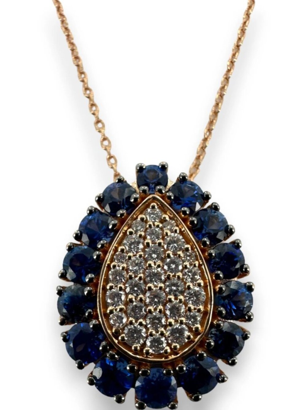 LeVian 14kt Rose Gold 18" Necklace Teardrop Pendant Diamonds Blue Sapphires